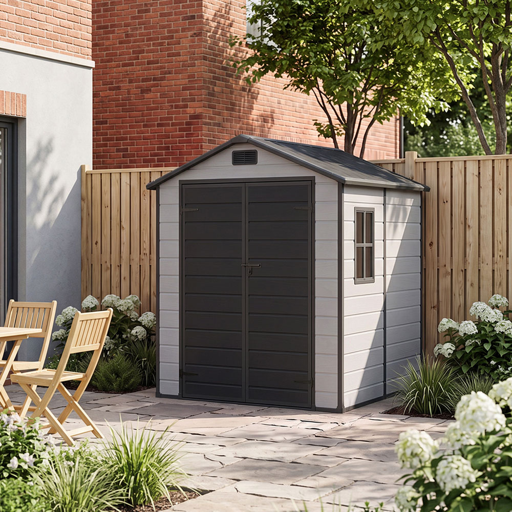 Living and Home 6 x 6ft Smokey Grey and Black Wood Grain Plastic Garden Storage Shed Image 8