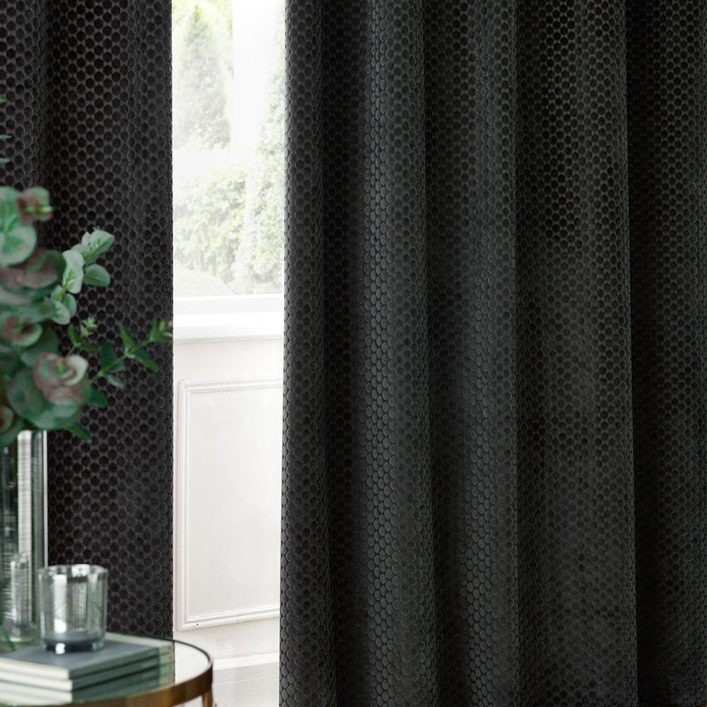 Paoletti Neptune Charcoal Fully Lined Velvet Eyelet Curtains 117 x 183cm Image 4