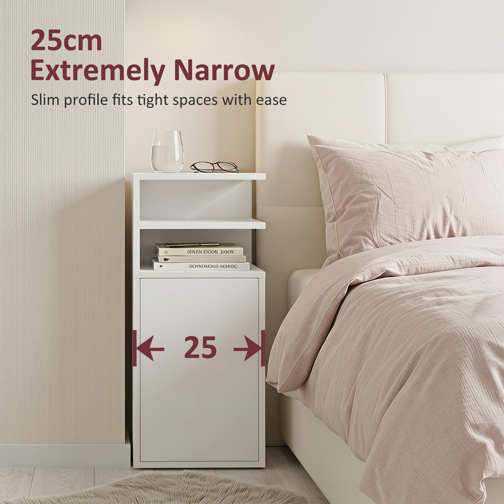 HOMCOM Single Door White Slim Bedside Table with Open Cubbies Set of 2 Image 5