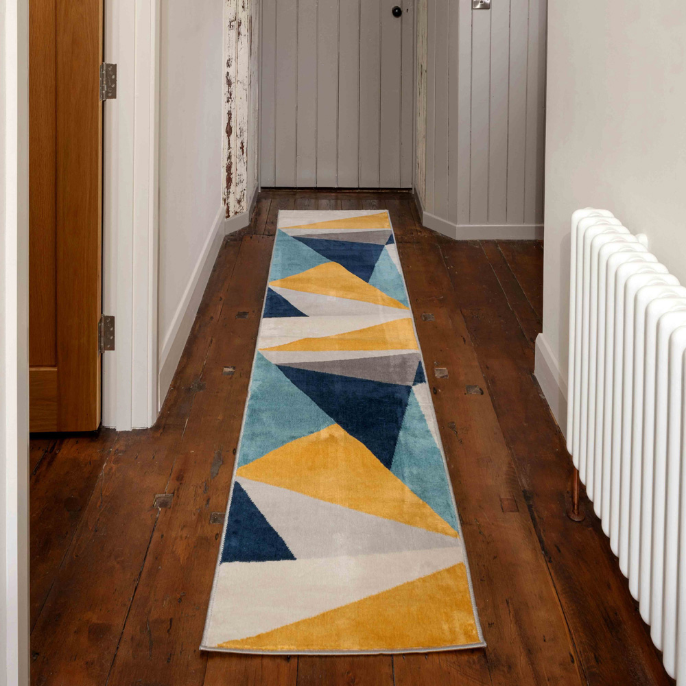 Kukoon Blue and Ochre Bold Geometric Rug 240 x 60cm Image 2