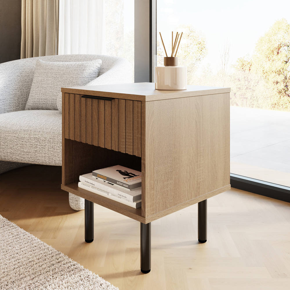 GFW Nervata Single Drawer Single Shelf Oak Lamp Table Image 6