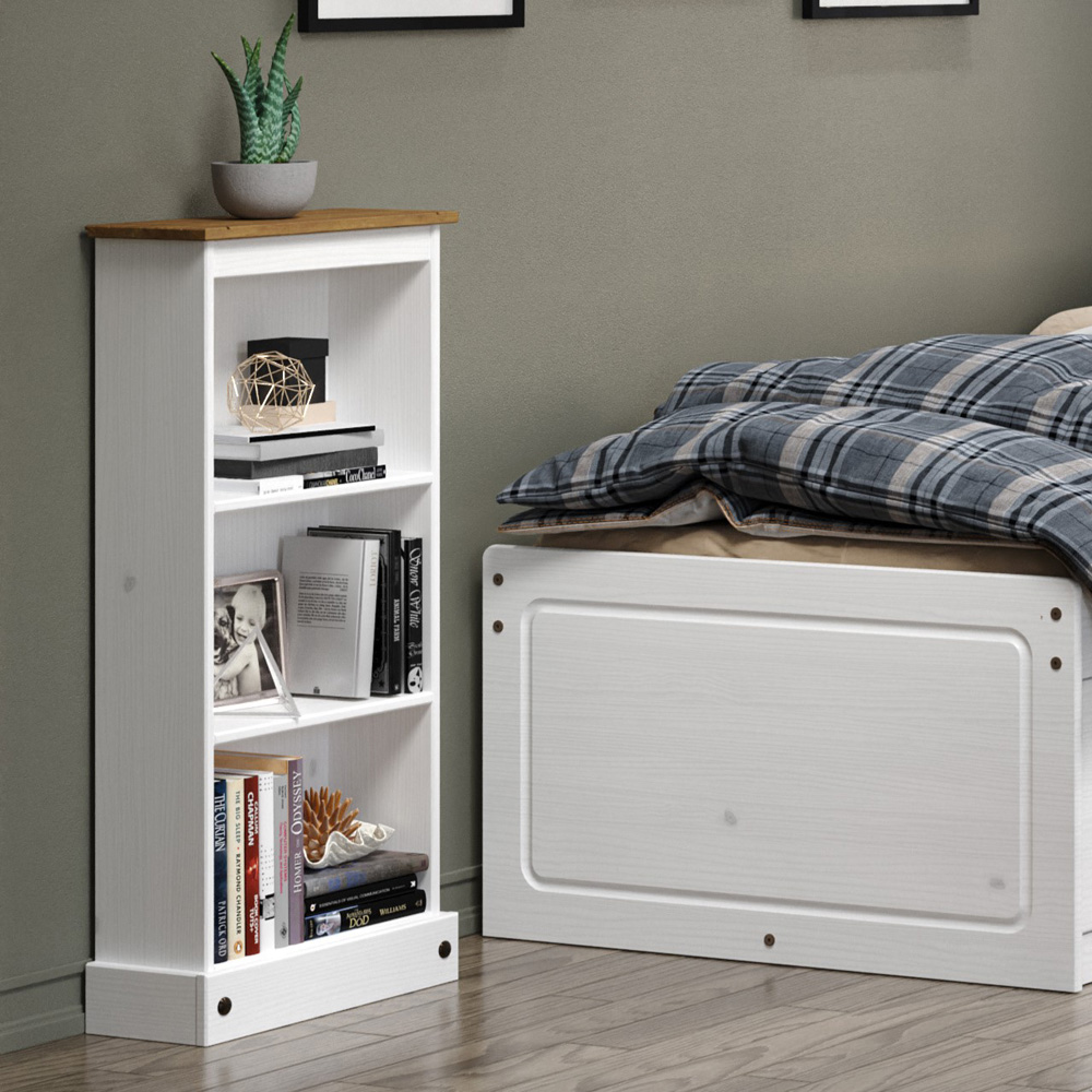 Corona 3 Shelf White Washed Wax Finish Low Narrow Bookcase Image 3
