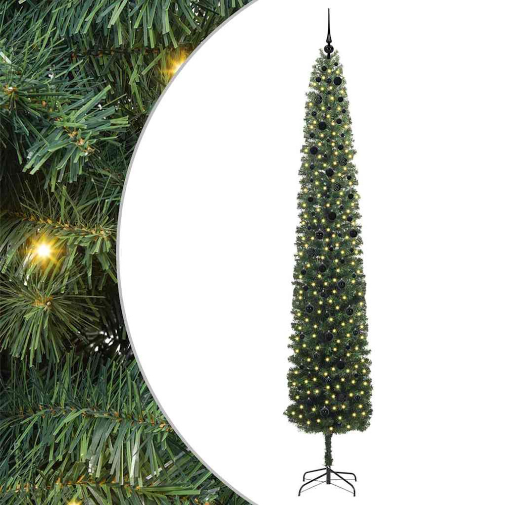 vidaXL Green Artificial Christmas Tree with LEDs Black Decoration Ornaments 10ft Image 2