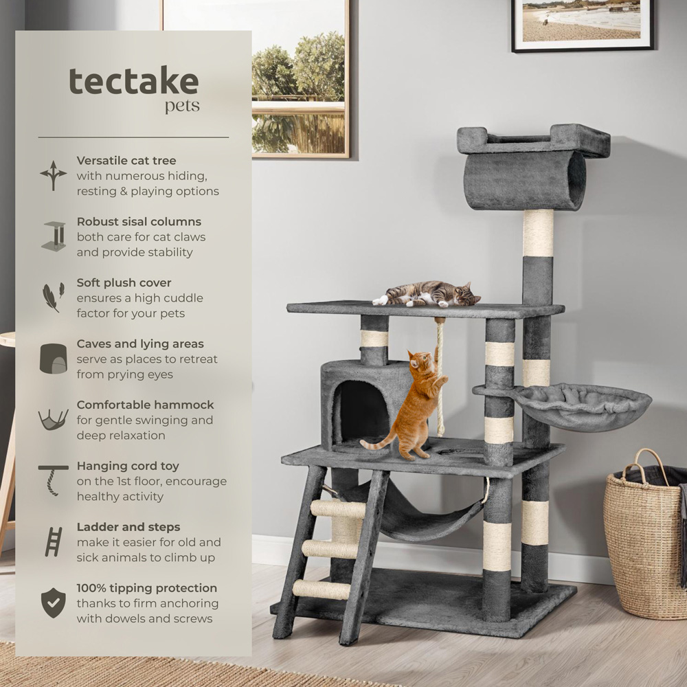 tectake Stokeley Grey Cat Tree with Scratching Post 141cm Image 6