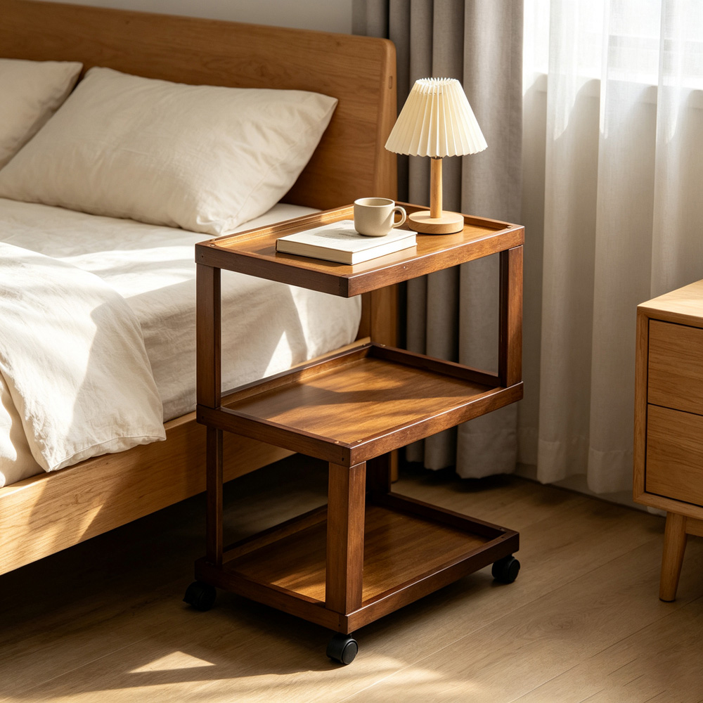 Living and Home 3-Tier Brown Bamboo Raised Edges Side Table with Lockable Castors Image 8