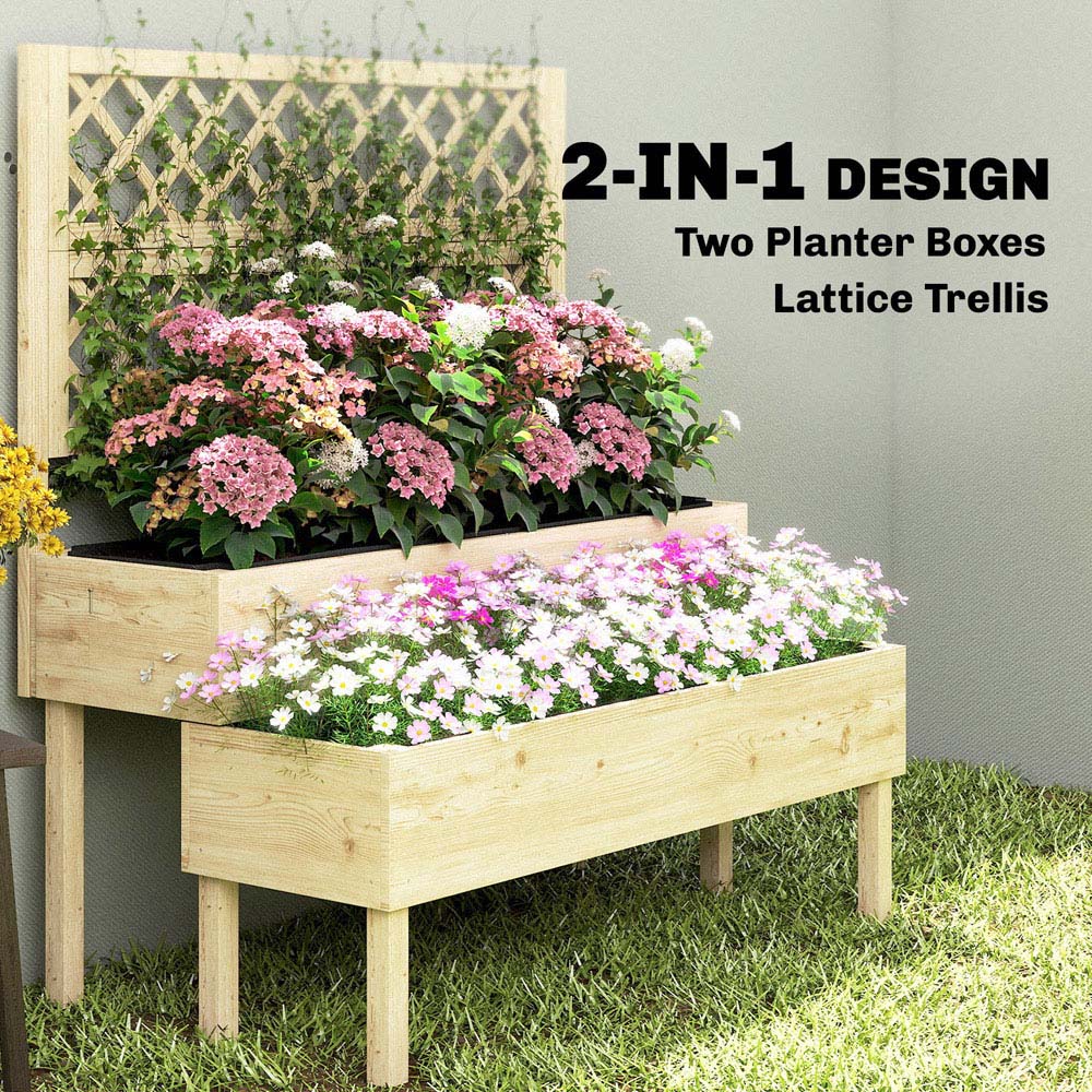 Outsunny 2 Tier Natural Wooden Raised Garden Bed with Trellis 120 x 62 x 108cm Image 3