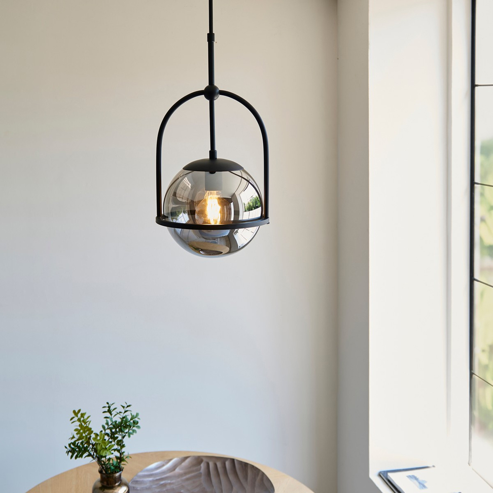 Merano Trieste Smoked Mirror Glass Matt Black Single Globe Pendant Ceiling Light Image 7