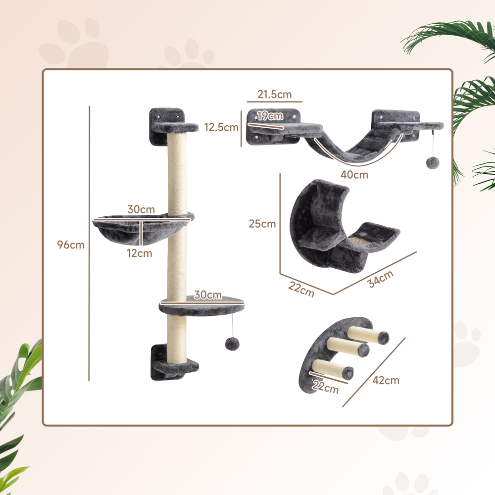 PawHut Dark Grey 4 Piece Cat Wall Furniture Set Image 9