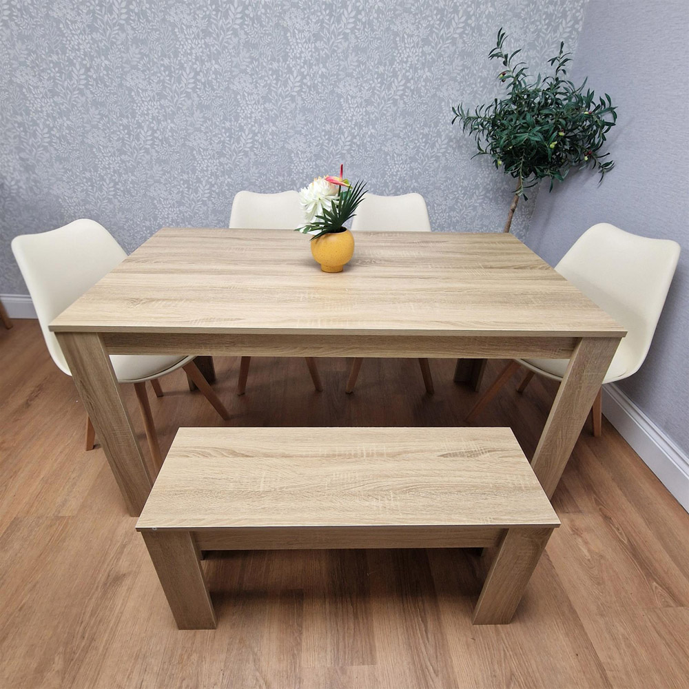 Kosy Koala Tulip 6 Seater Faux Leather Dining Set with Bench Oak Effect and Cream Image 3