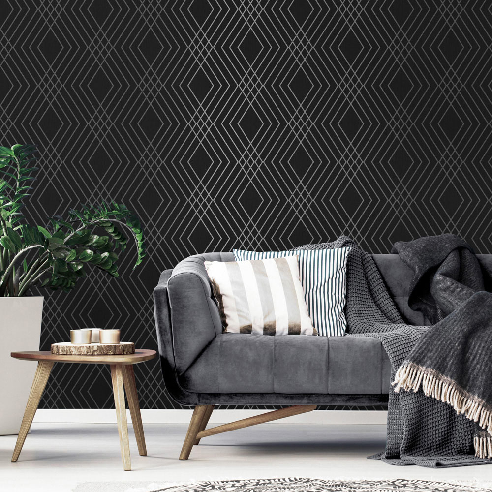Fine Decor Shard Trellis Charcoal Wallpaper Image 5
