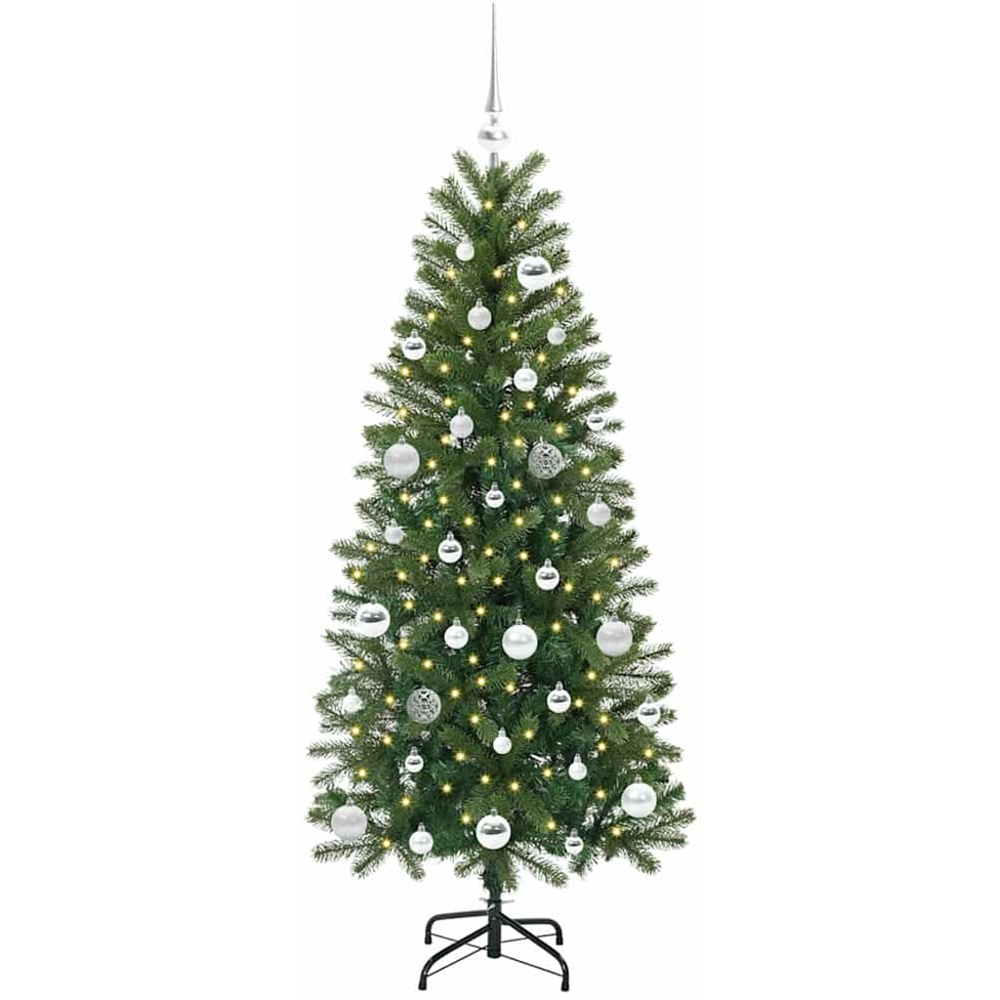 vidaXL Pre-Lit Silver Baubles Green Artificial Christmas Tree 5ft Image 1