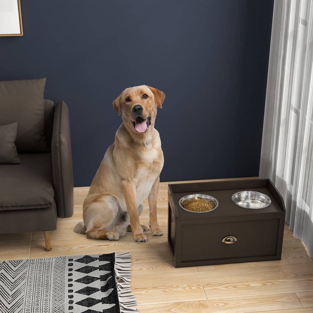 PawHut Brown Stainless Steel Twin Bowl Raised Dog Feeder with Storage Image 2
