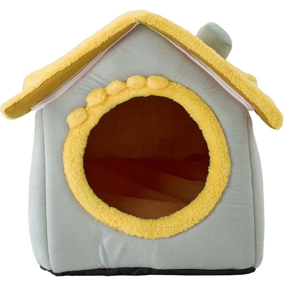H&O Direct 32 x 30 x 33cm Light Green and Yellow Plush Pet House with Cushion Image 2