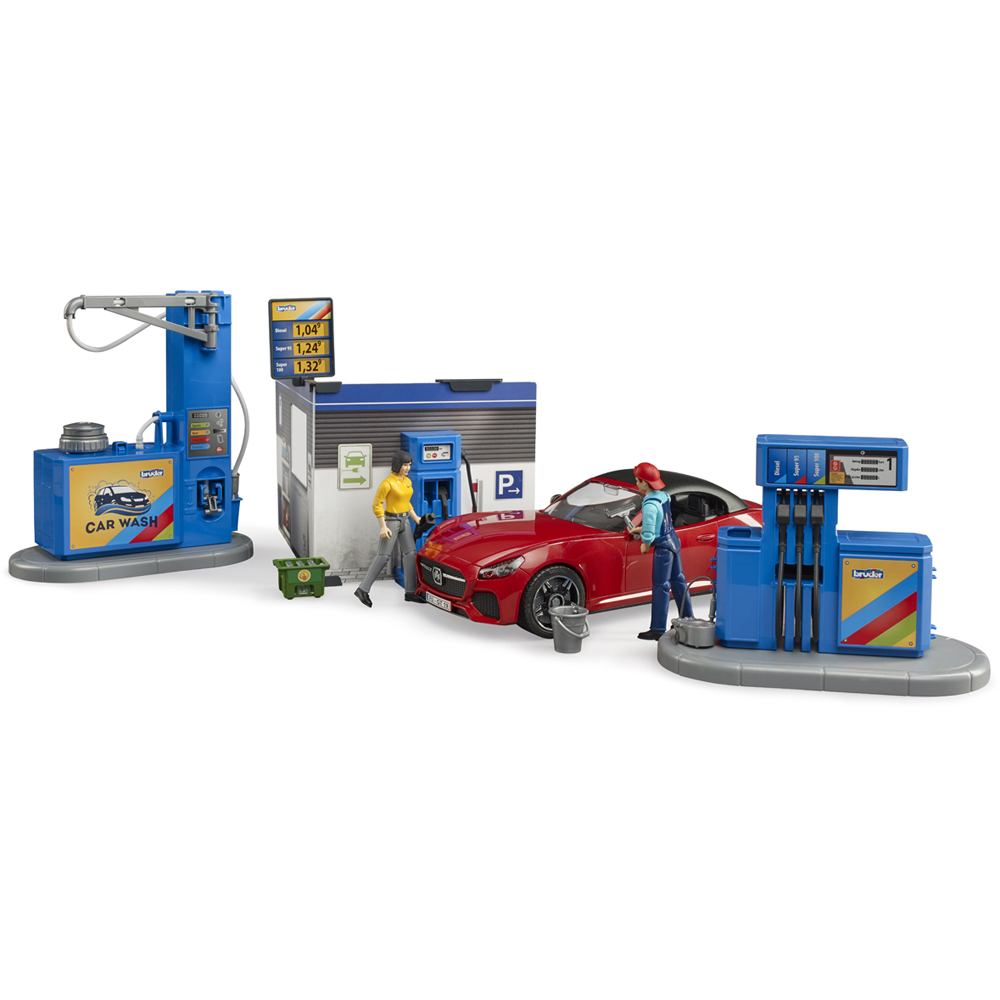 Bruder Bworld Petrol and Car Wash Station with Red Roadster and 2 Figures Image 2