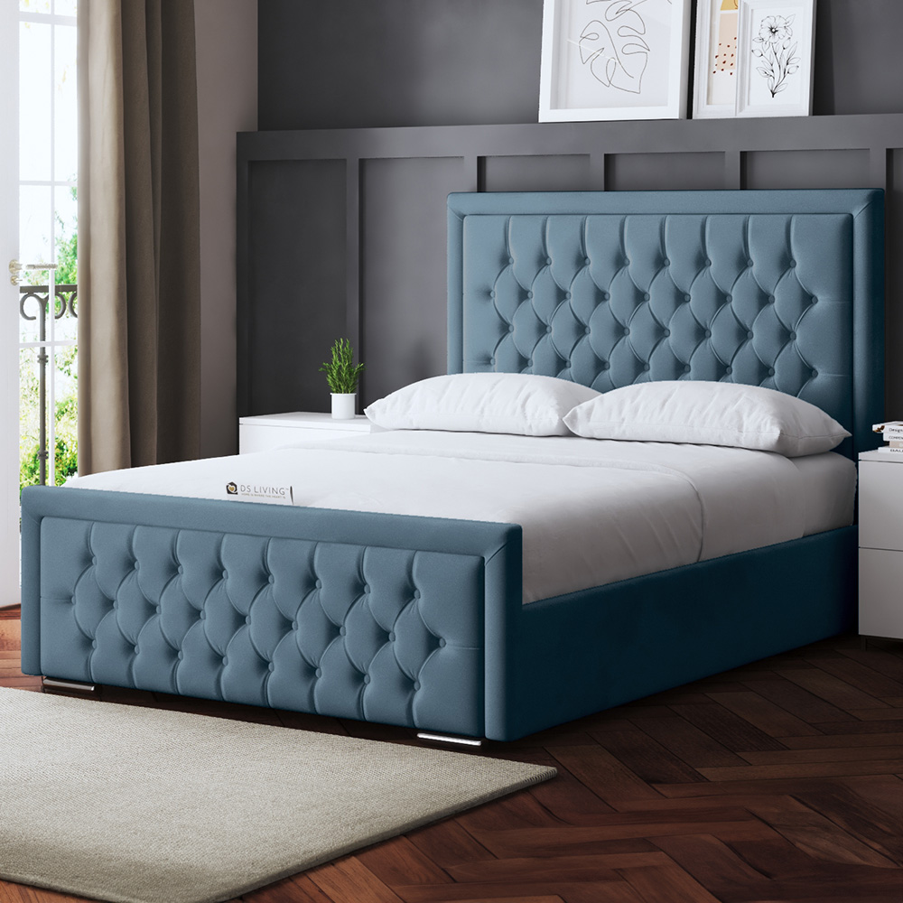 DS Living Allegra Double Blue Upholstered Bed Frame with Headboard Image 1