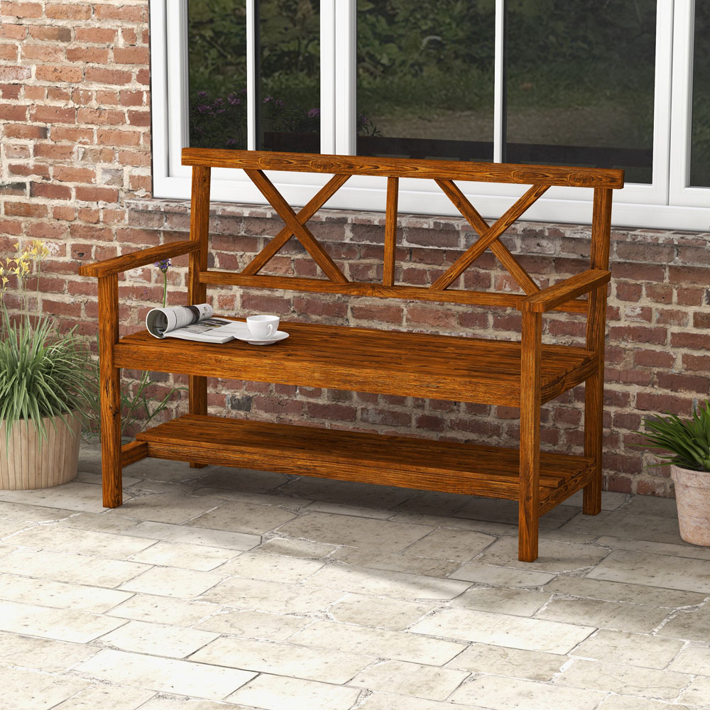 Outsunny 2 Seater Carbonized Wooden Garden Bench with Storage Shelf Image 1