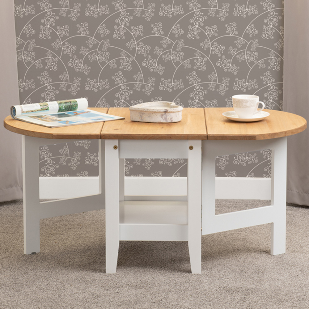 Seconique Santos Single Shelf Drop Leaf White Distressed Waxed Pine Coffee Table Image 1