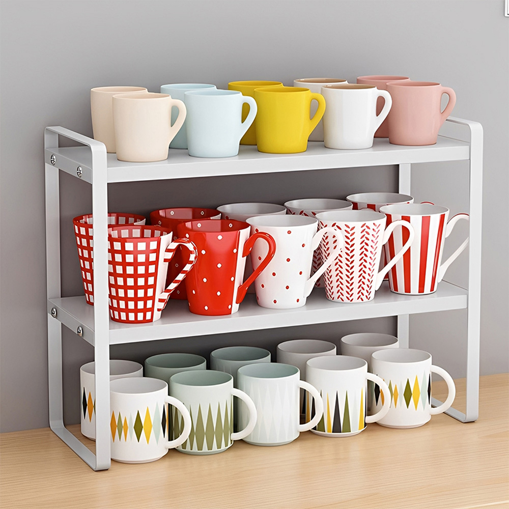 Living and Home 2-Tier White Wood Grain Countertop Storage Shelf with Metal Frame Image 2