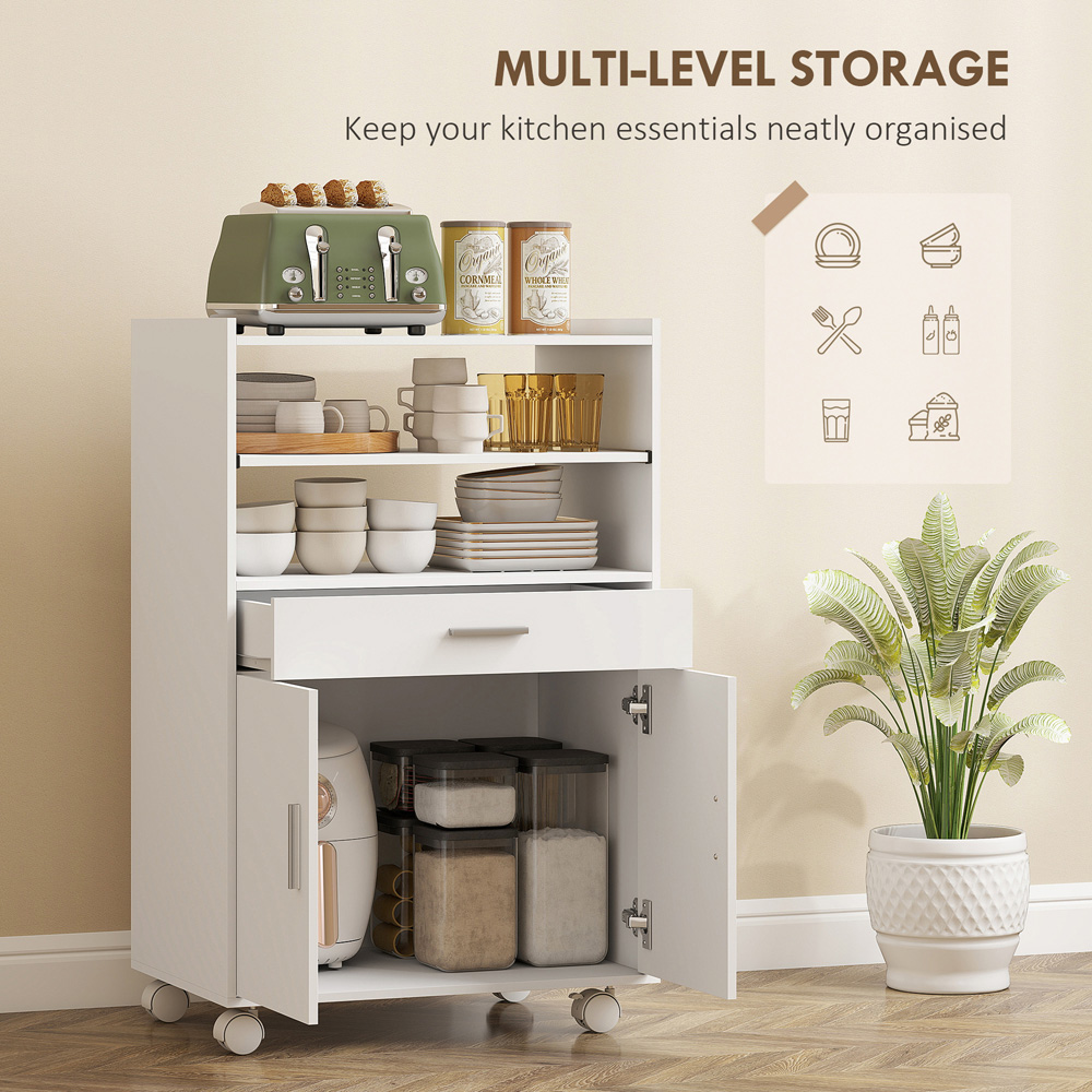 HOMCOM 2 Door Single Drawer 3 Shelf White Modern Mobile Microwave Cabinet Image 3