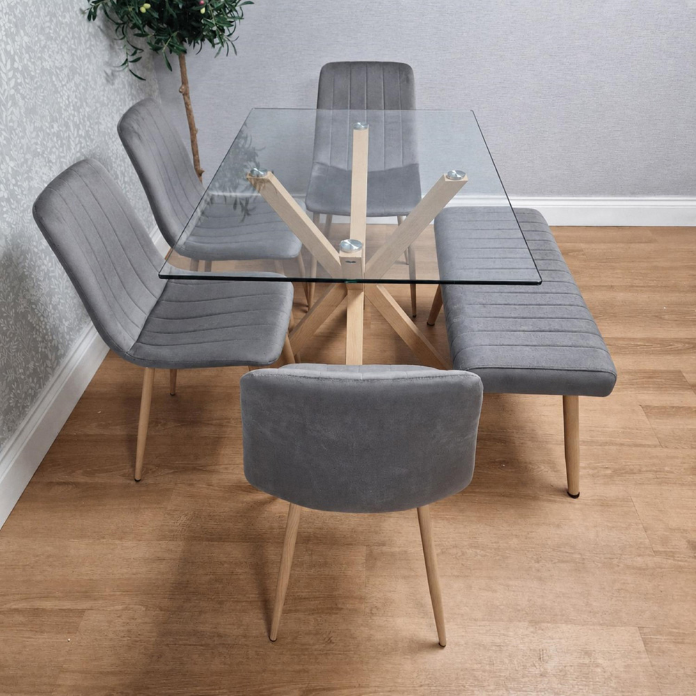 Kosy Koala 6 Seater Tempered Glass Velvet Dining Bench Set Grey Image 6