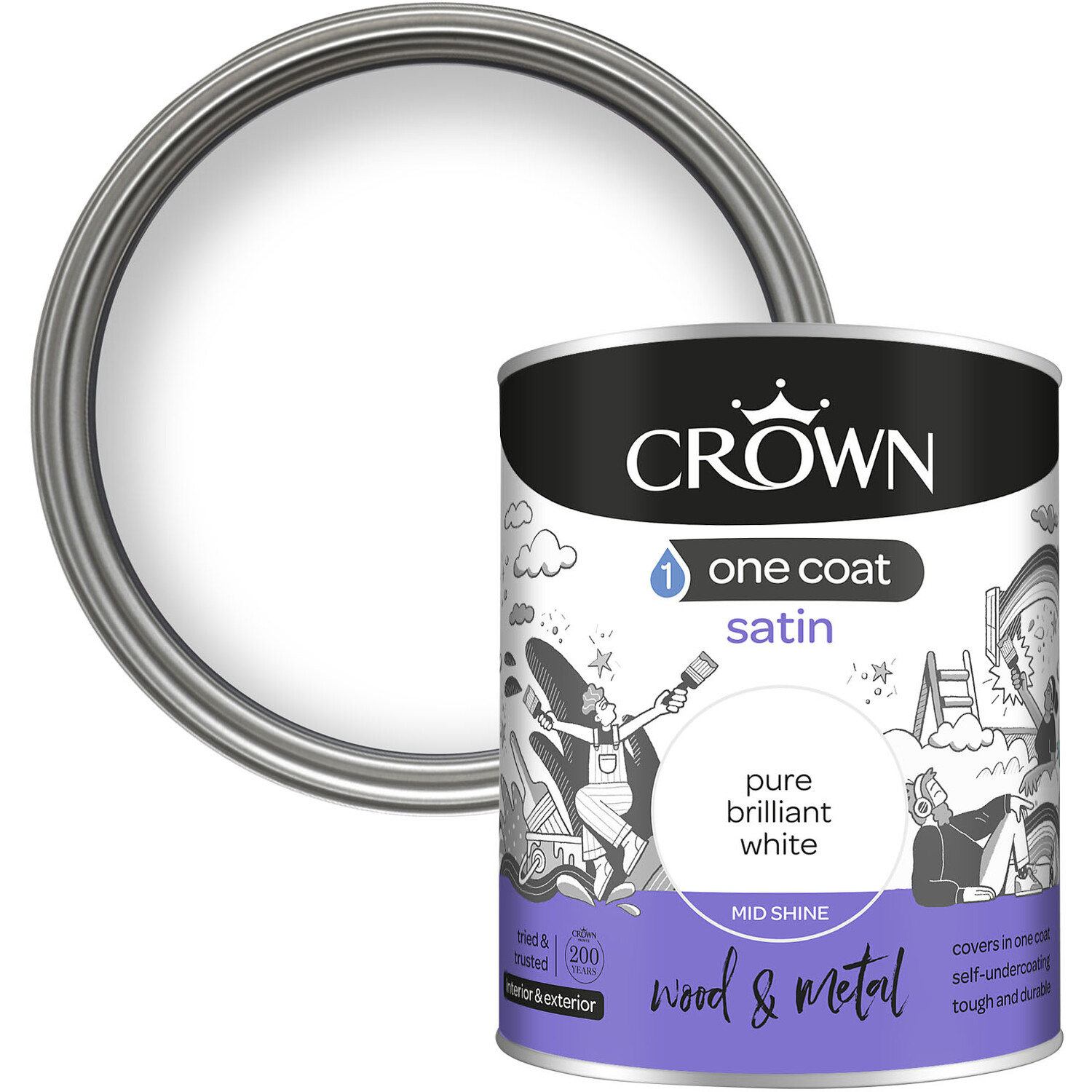 Crown One Coat Wood and Metal Pure Brilliant White Satin Paint 750ml Image 1