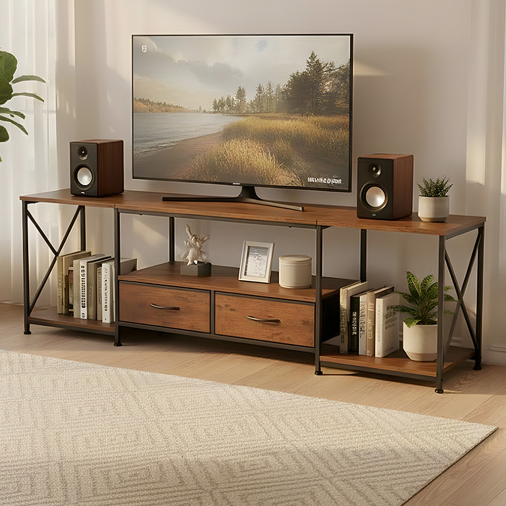 Living and Home 2 Fabric Drawer 3 Shelf Brown Industrial TV Stand Image 1