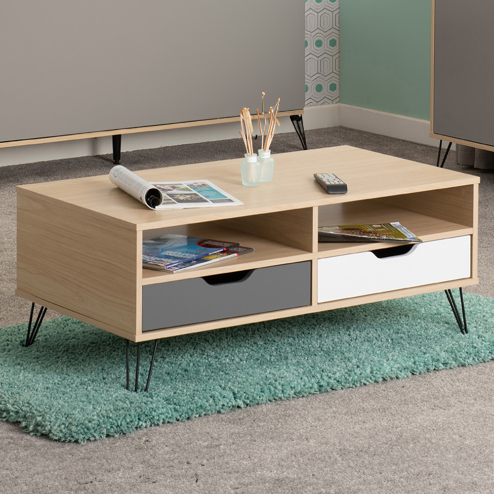 Seconique Bergen 2 Drawer Oak White and Grey Coffee Table Image 1