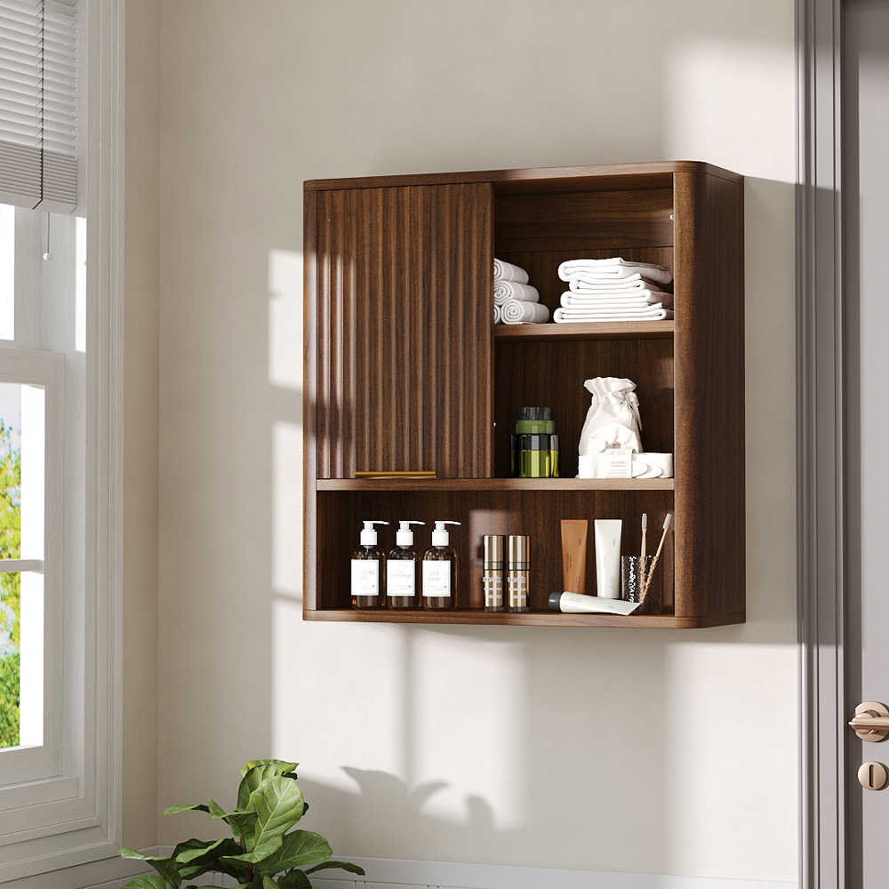 Living and Home Single Door 3 Shelf Walnut Wooden Wall-Mounted Bathroom Cabinet Image 8