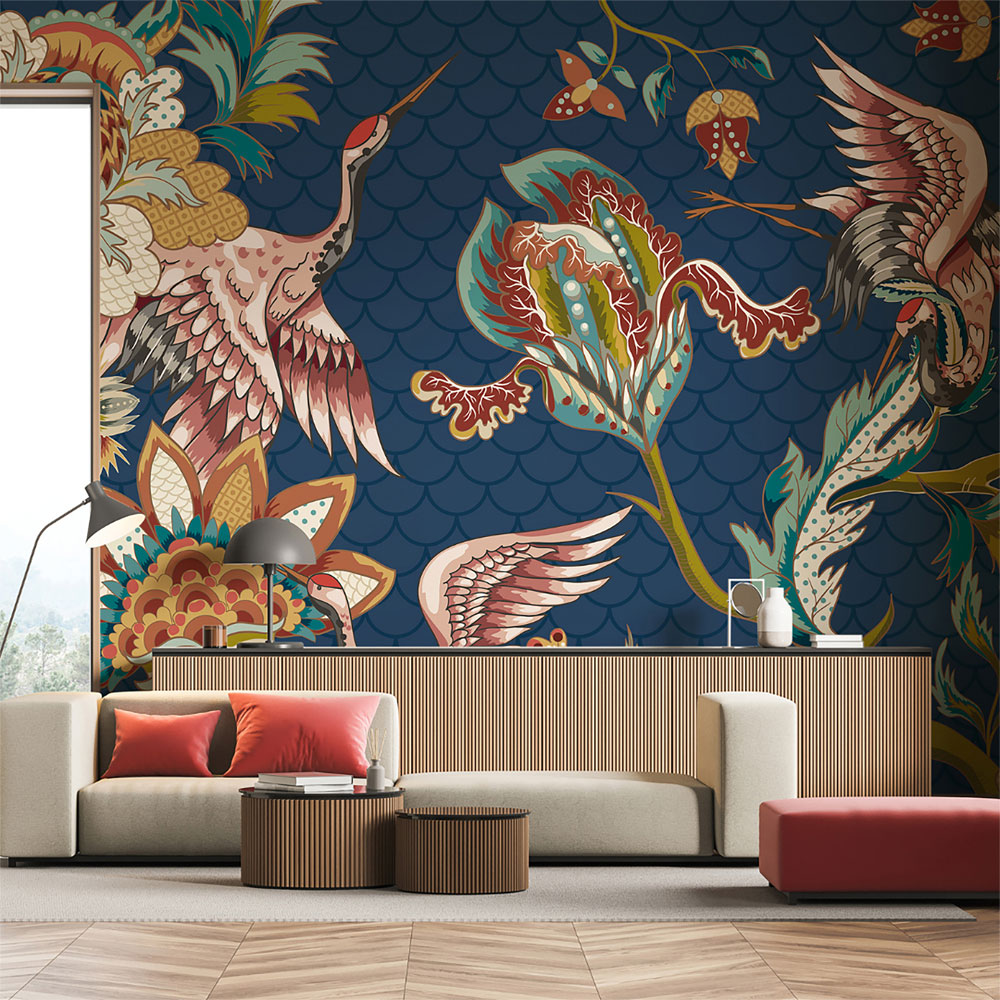 Origin Murals Cranes In Flight Blue Wall Mural Image 1