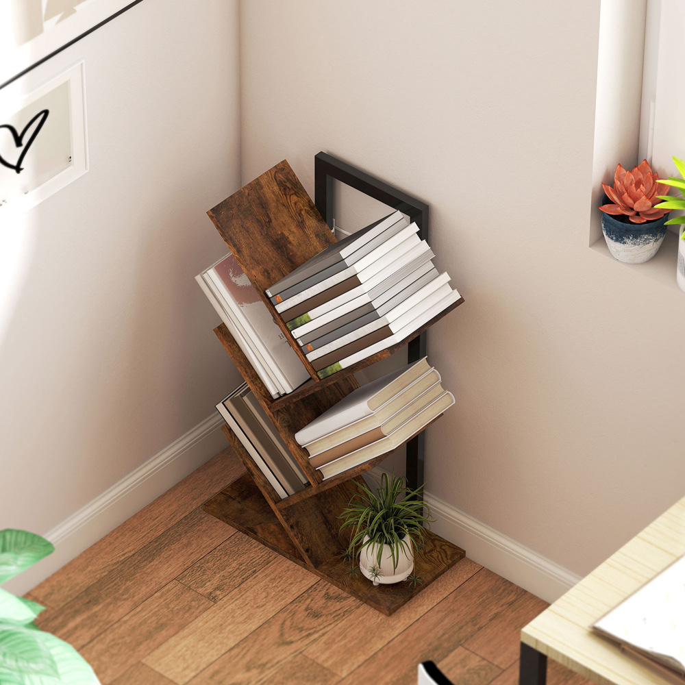 HOMCOM 4 Shelf Rustic Brown Steel Frame Tree Bookshelf Image 7