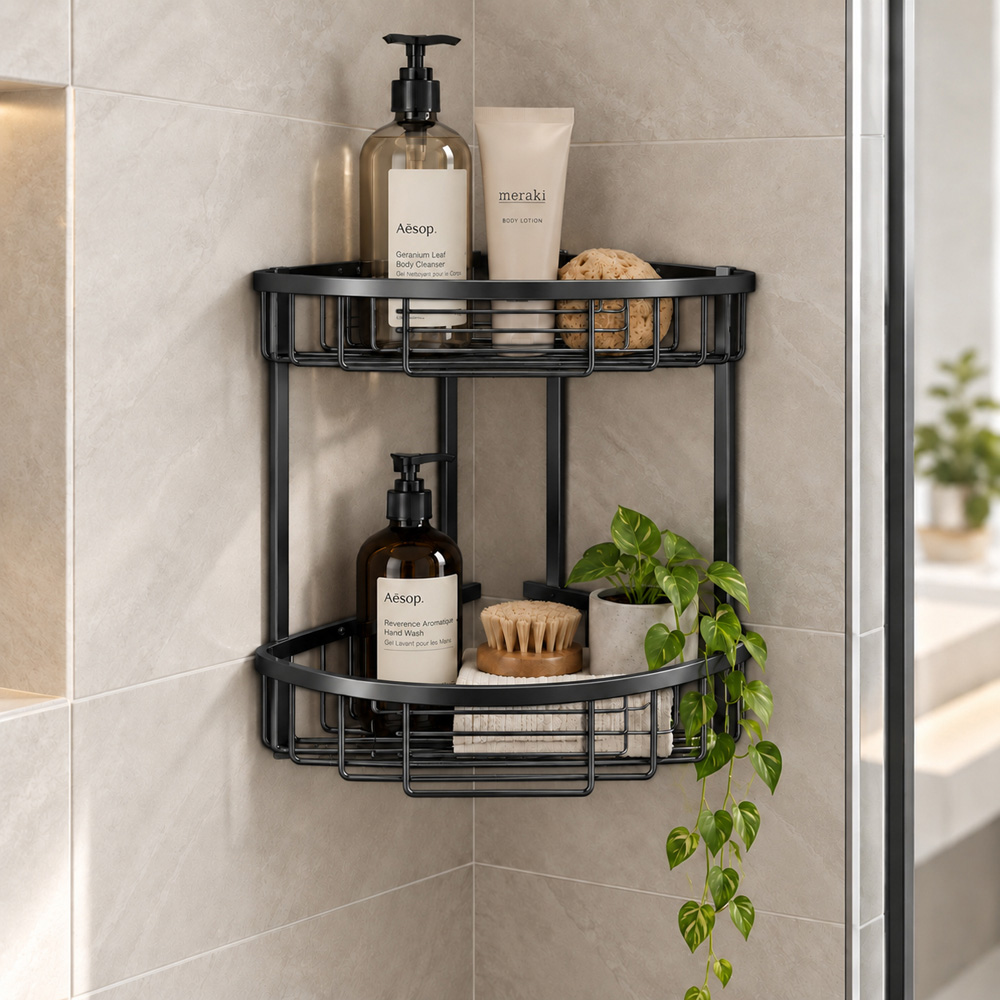 Go Bathrooms Black Double Wall Mounted Corner Shower Basket Image 2