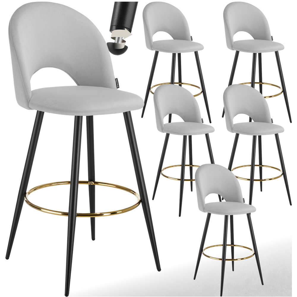 tectake Rachel Light Grey and Black Velvet Look Bar Stool Set of 6 Image 2