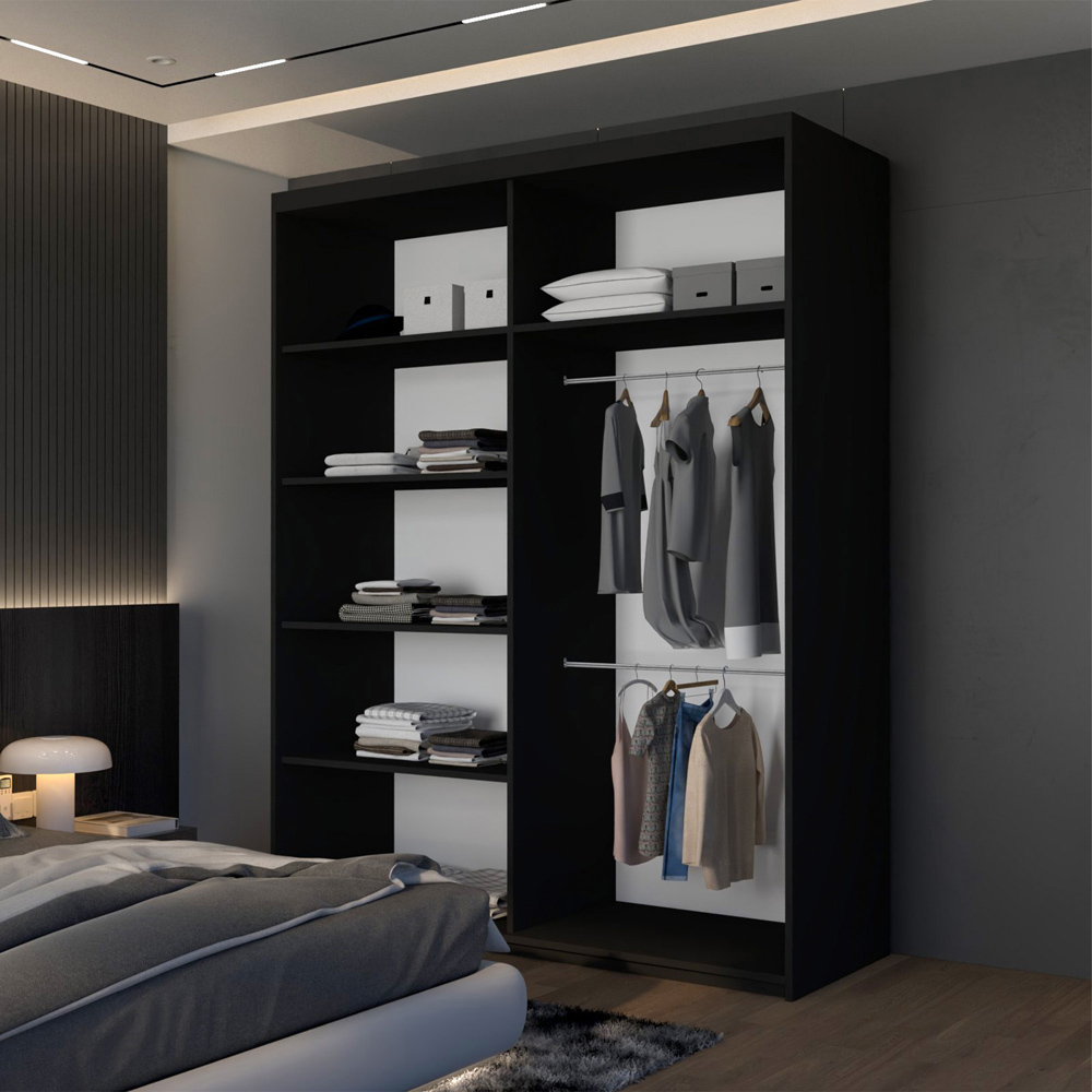 M N Furniture Laiyal 2 Door Black Mirrored Sliding Wardrobe with Oak Strip 150cm Image 4