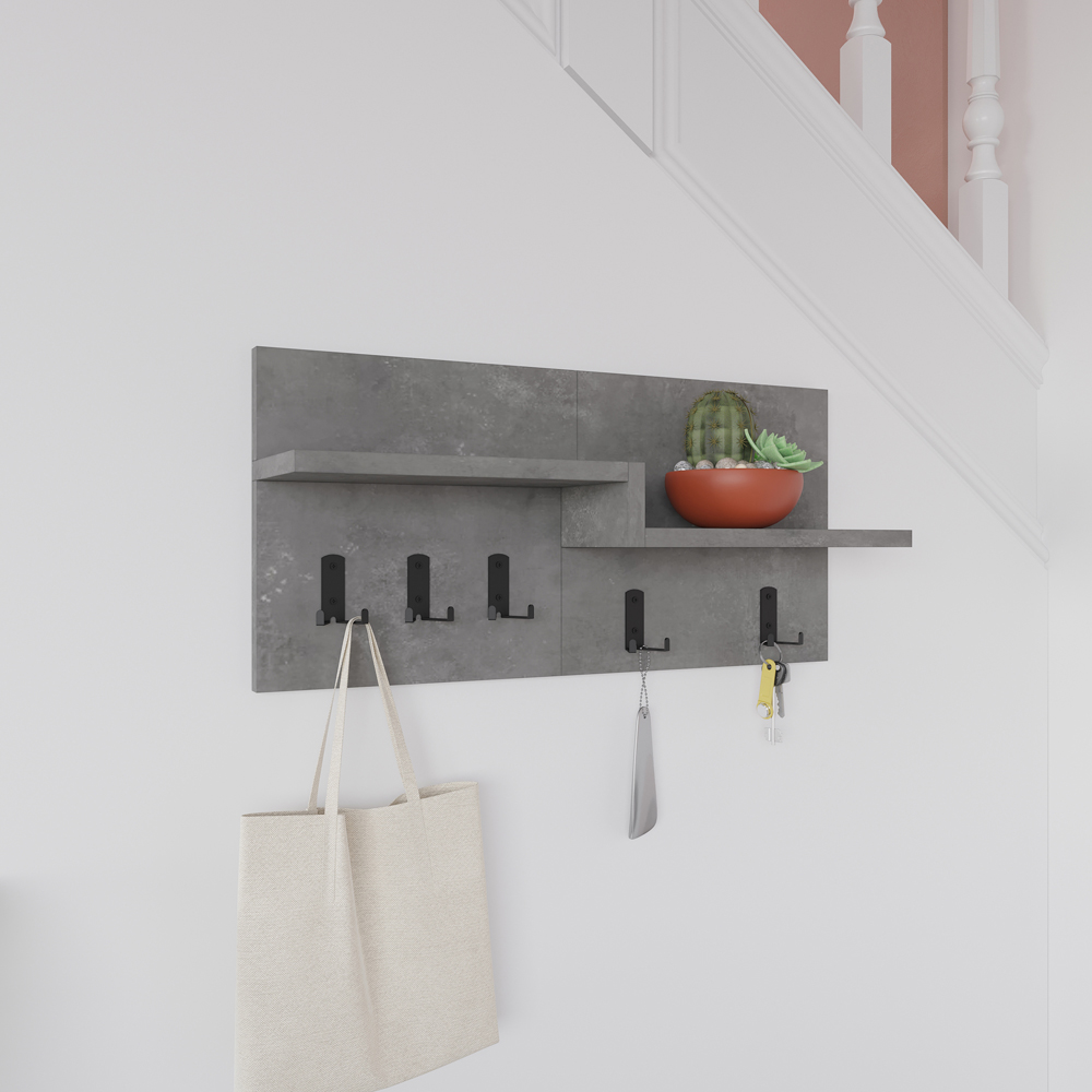 Decortie Harmon Single Shelf Retro Grey 5 Hook Wall Hanger Image 2