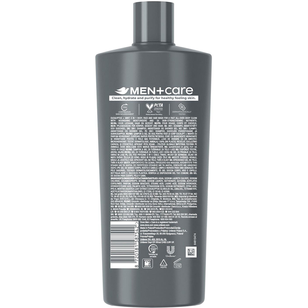 Dove Men+ Care 3-in-1 Eucalyptus and Mint Hair Face and Body Wash 700ml 3 Pack Image 3