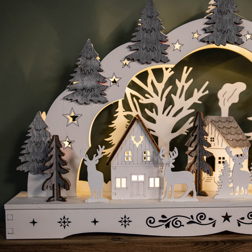 Samuel Alexander White Wooden Christmas Candle Bridge with Reindeer and Village Scene Image 2