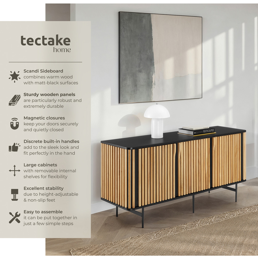 Tectake Lineo 3 Door Solid Wood Slatted Design Sideboard Image 3