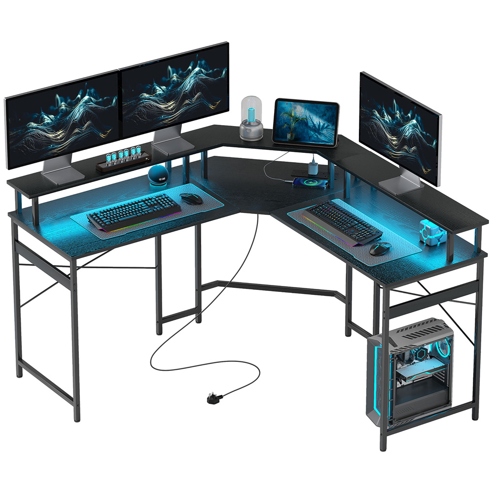 HOMCOM L-Shap Corner Computer Desk with Monitor Stand Black Image 2