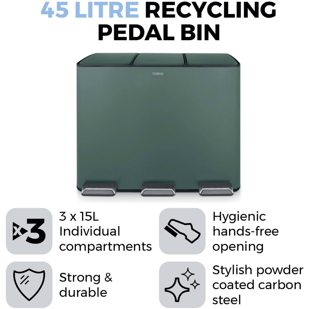 Tower Triple Recycling Green Pedal Bin 45L Image 6