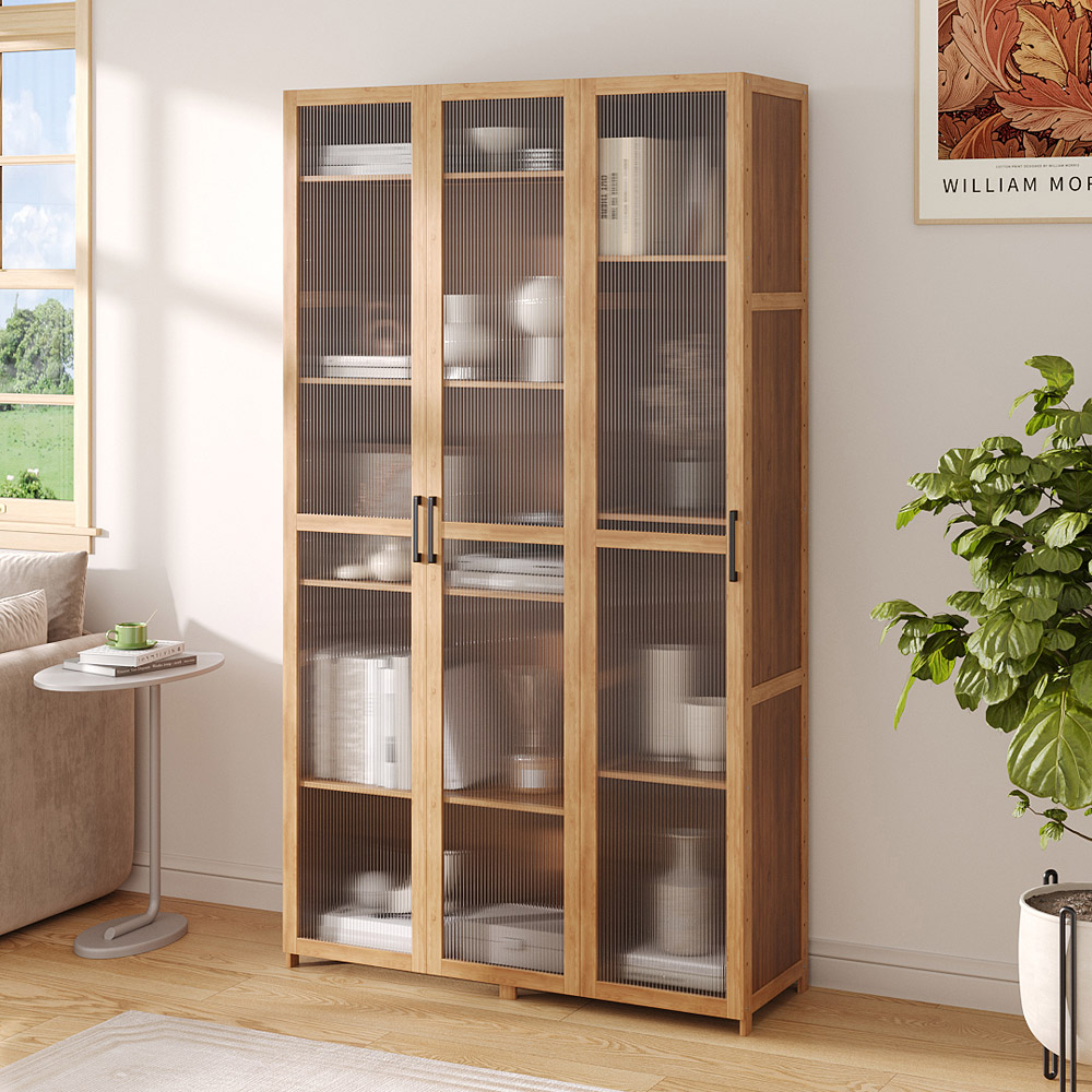 Living and Home 3 Door Brown and Natural Tall Acrylic Storage Cabinet with Adjustable Shelves Image 8