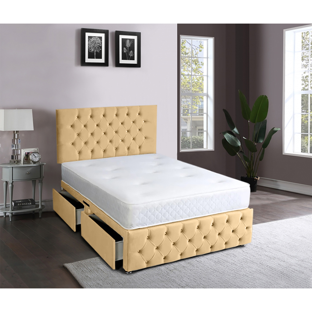 Eleganza Home Serenova Super King Size Beige Plush Velvet 2 Drawer Divan Bed with Headboard Image 2