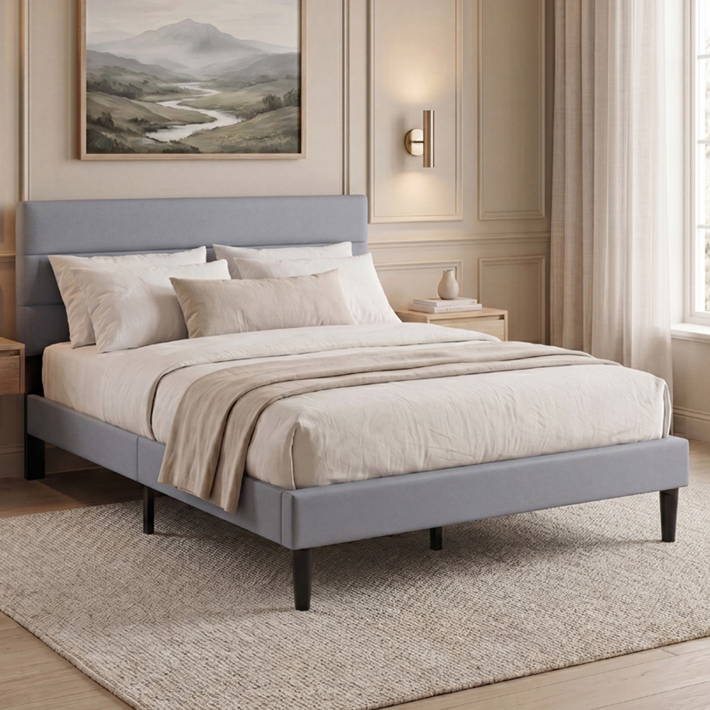 VIDA DESIGNS Vandura Double Light Grey Linen Fabric Bed with Memory Foam Bonnell Spring Mattress Image 1