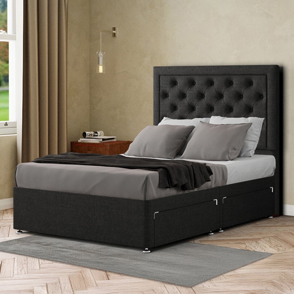 Portland Castle Single Black Linen Divan Bed with 2 Drawers and Headboard Image 1
