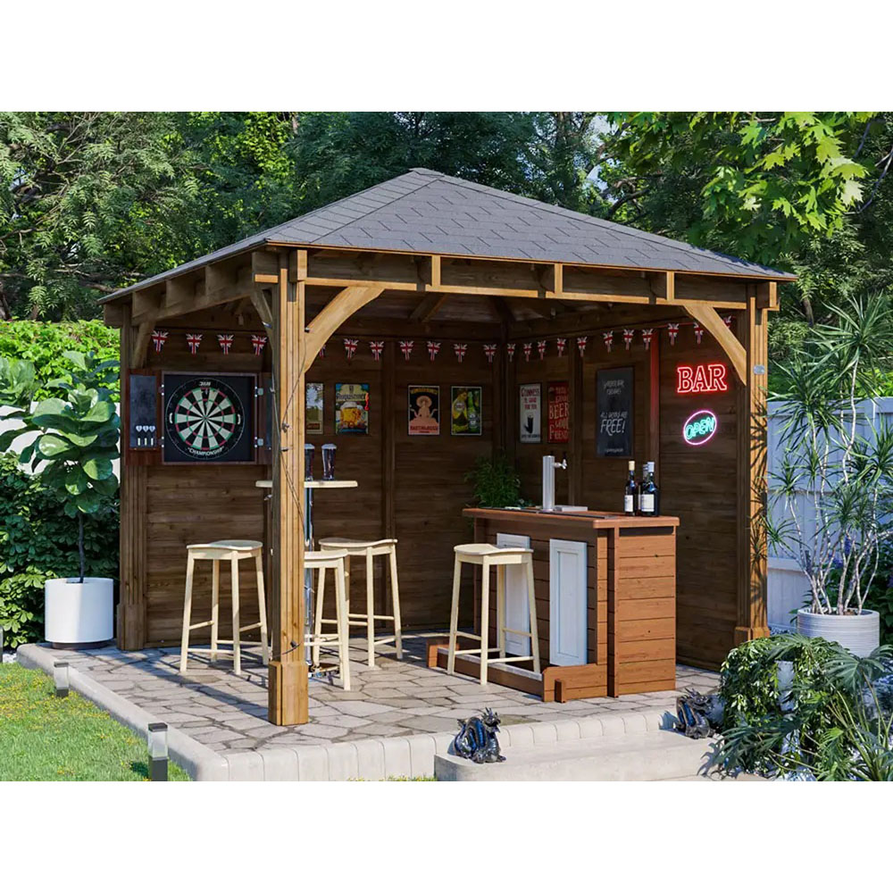 Dunster House Leviathan 3 x 3m Brown Log Bar Garden Gazebo with Heavy Duty Roof Shingles Image 4