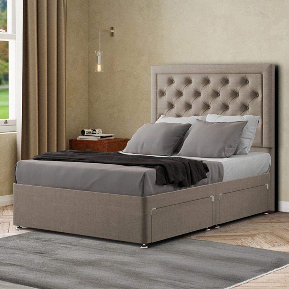 Portland Castle Small Double Beige Linen Divan Bed with 2 Drawers and Headboard Image 1