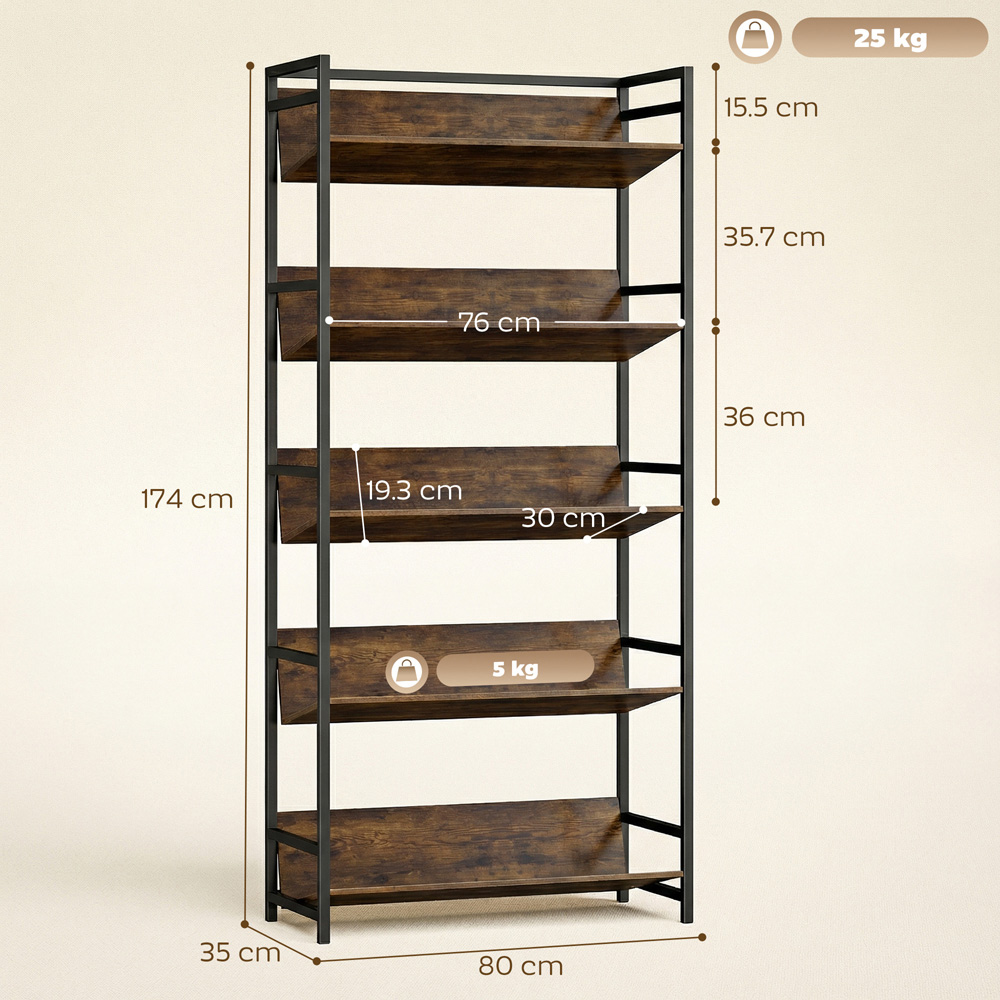 Portland 5 Shelf Rustic Brown Anti Slip Bookcase Image 8