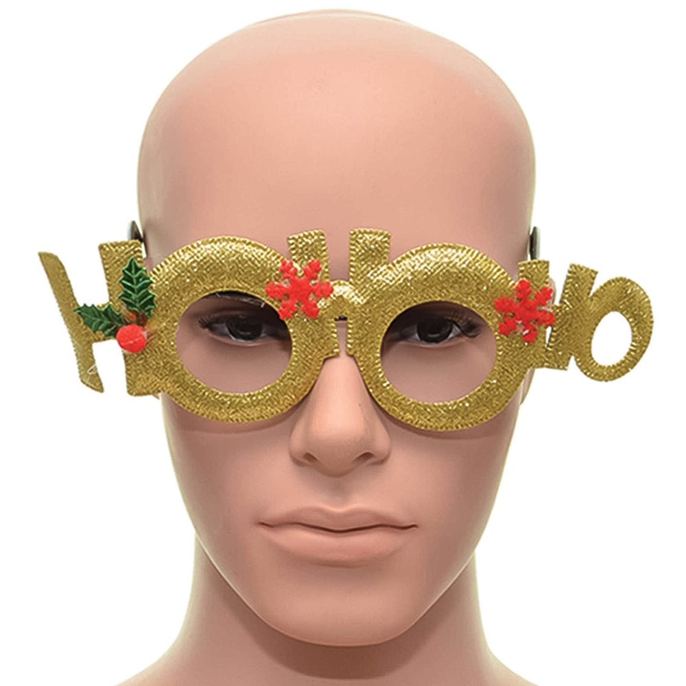 Shatchi Gold Ho Ho Ho Novelty Glitter Christmas Glasses Image