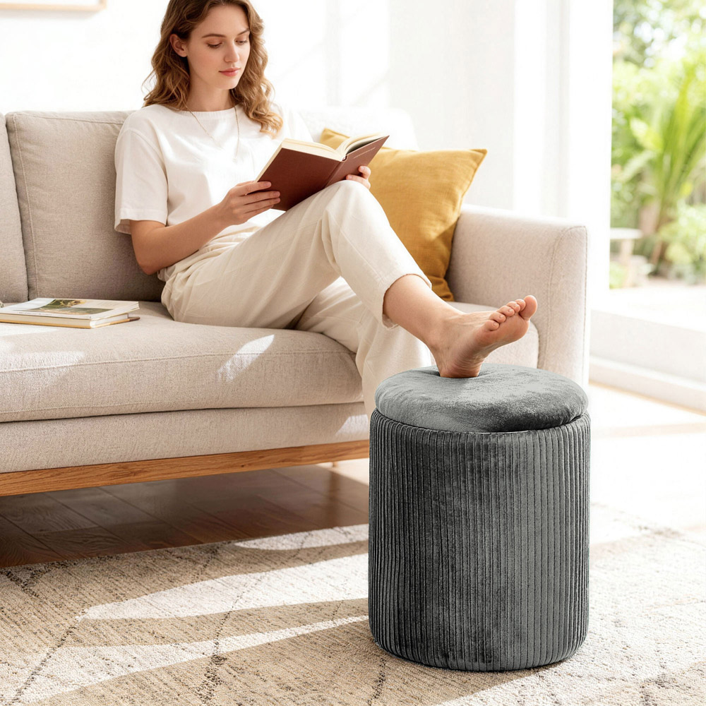 Portland Grey Round Storage Ottoman with Removable Top Image 4