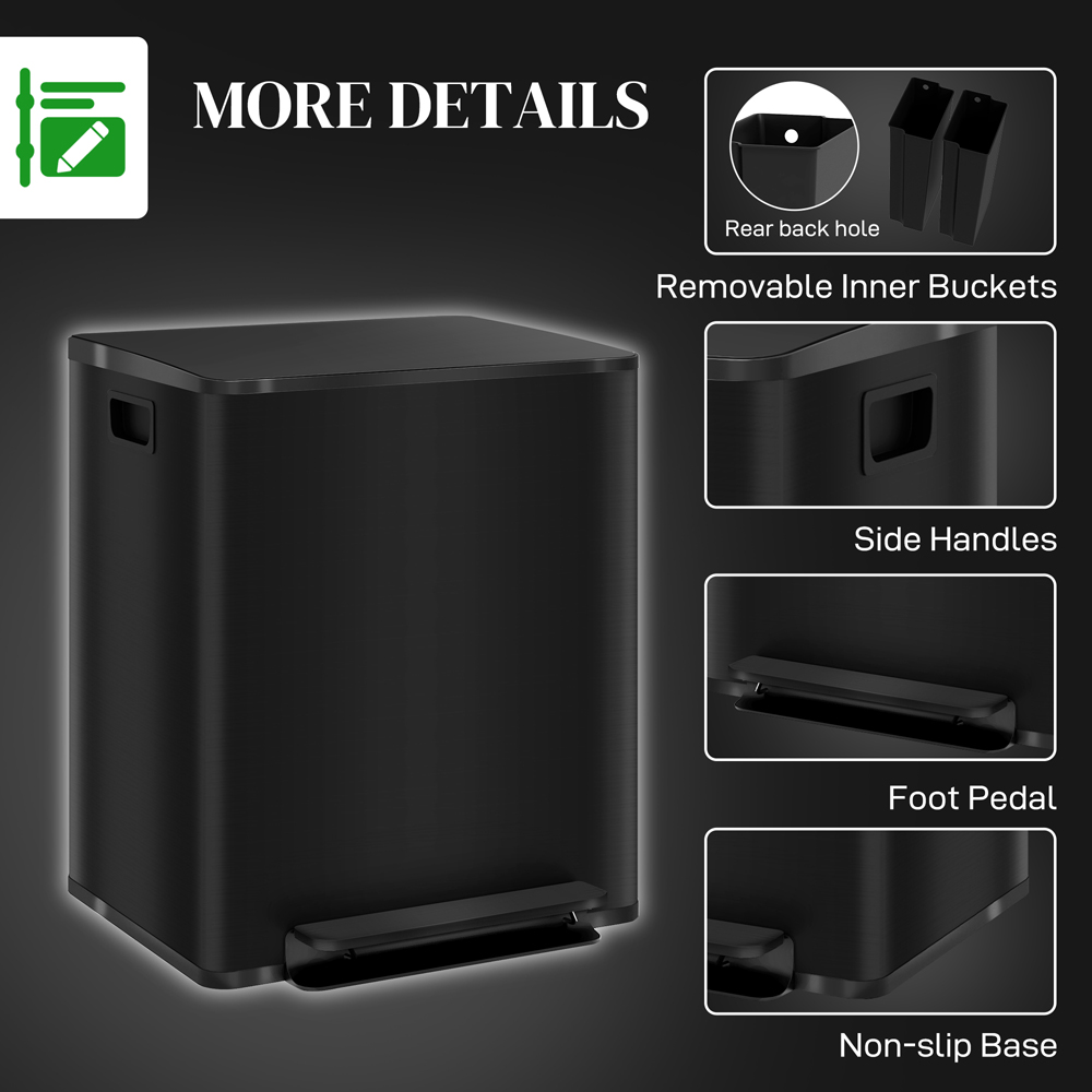 HOMCOM Double Black Pedal Bin with Soft-Close Lid 25L Image 7