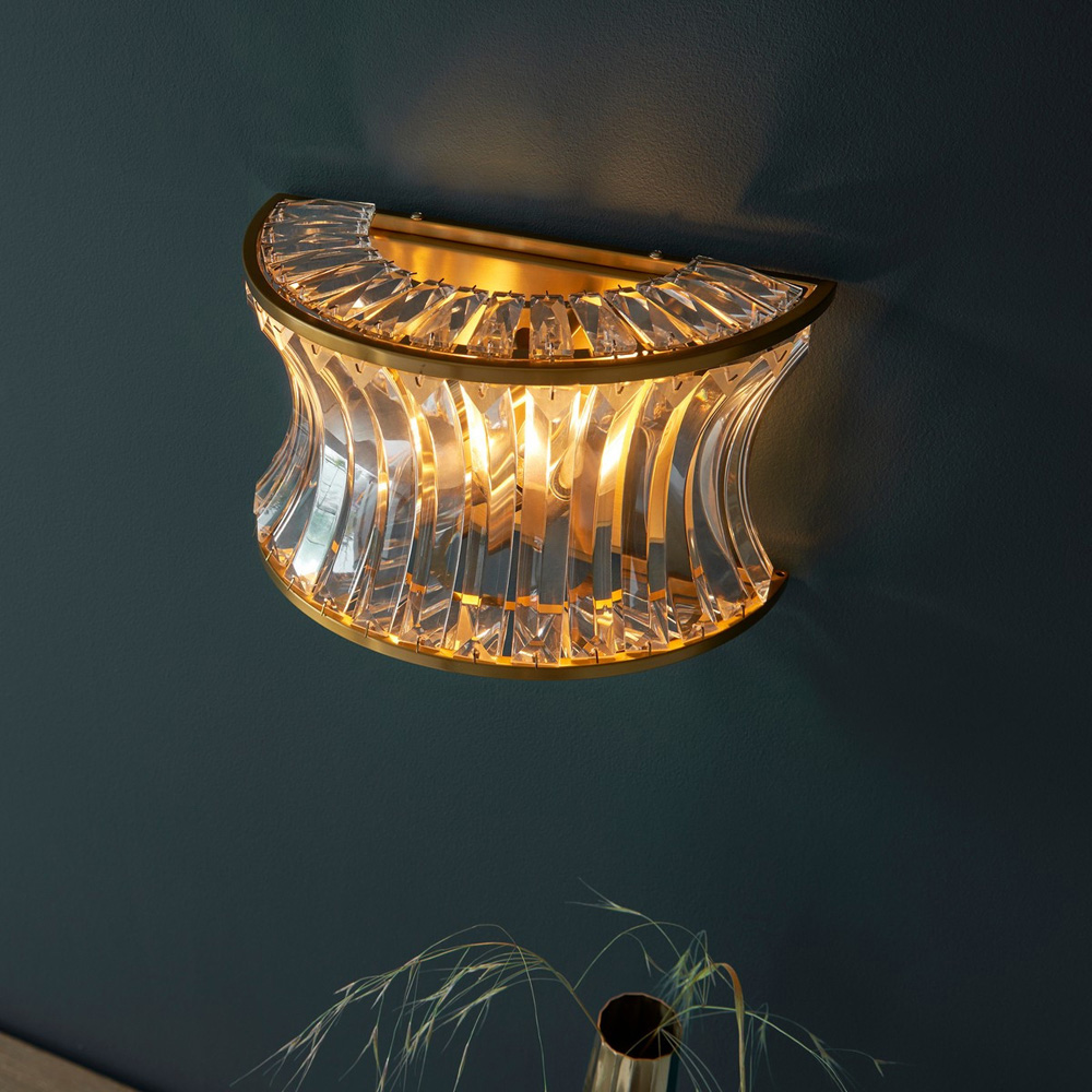 Merano Vittoria Warm Brass Plate Crystal Clear Glass Wall Lamp Image 5
